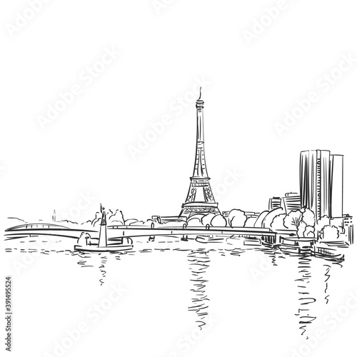 Eiffel Tower and river Seine vector sketch. Paris, France. Hand drawn vector illustration