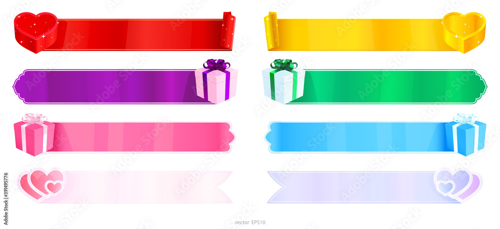 Vector set of blank web banners decorated with a gift boxes and valentine hearts. Unfolded scrolls of red, purple, pink, gold, green, blue and lilac colors. Empty ribbons for the sales promotion. Vector set of blank web banners decorated with a gift boxes and valentine hearts. Unfolded scrolls of red, purple, pink, gold, green, blue and lilac colors. Empty ribbons for the sales promotion.