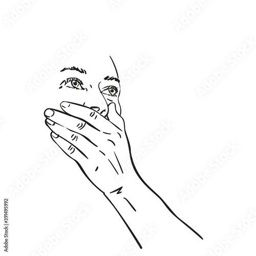 Young woman covered her mouth with hand and looking up on side Vector sketch, Hand drawn line art isolated female face emotion, Black and white drawing graphics illustration