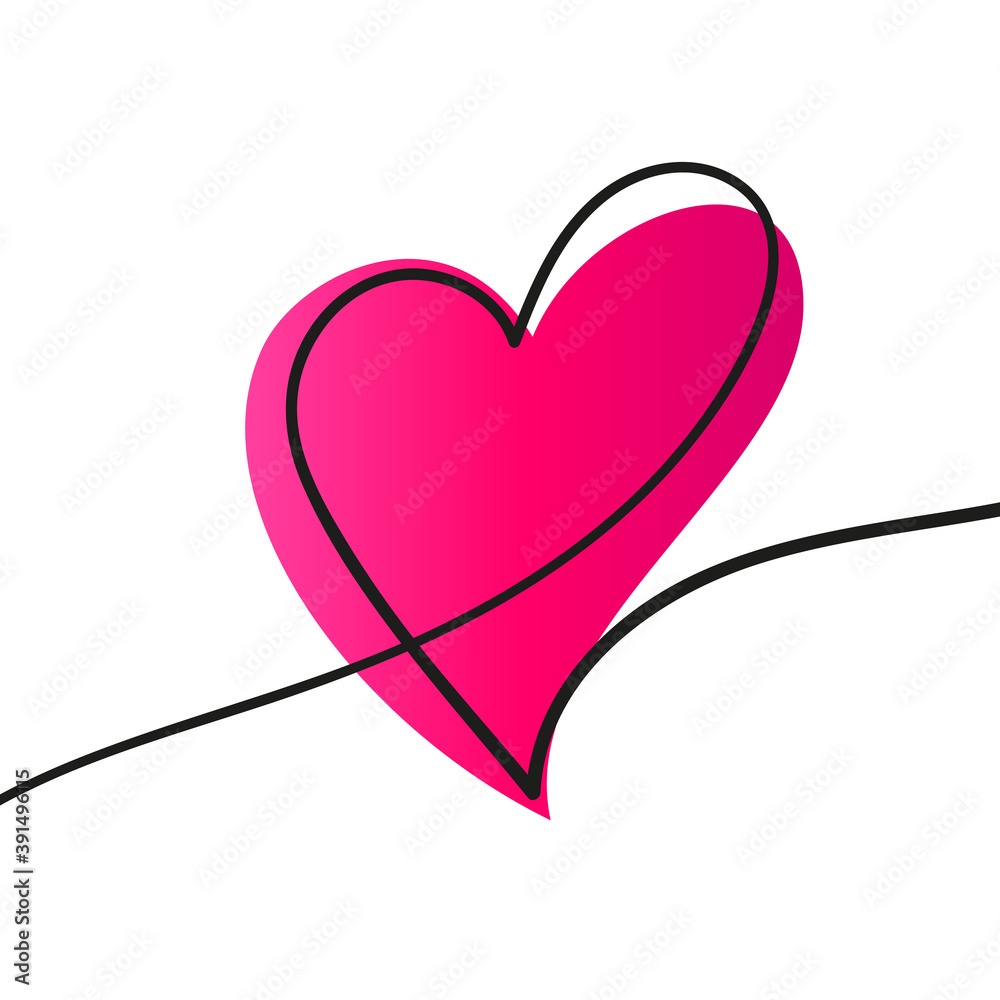 Continuous one line drawing of heart with bright pink gradient shape, Hand drawn vector minimalist illustration of love concept made of single line