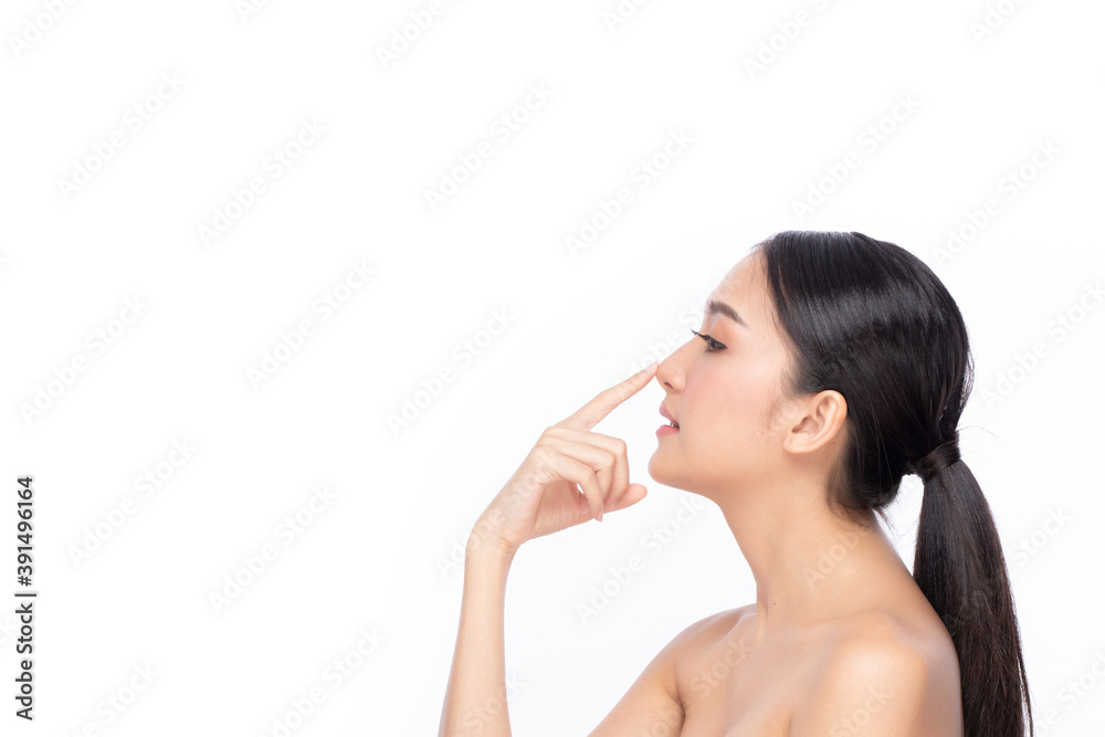 Beautiful spa model girl with perfect fresh clean skin. Beauty woman face portrait isolated on white background. Beautiful spa model girl with perfect fresh clean skin. Beauty woman face portrait isolated on white background.