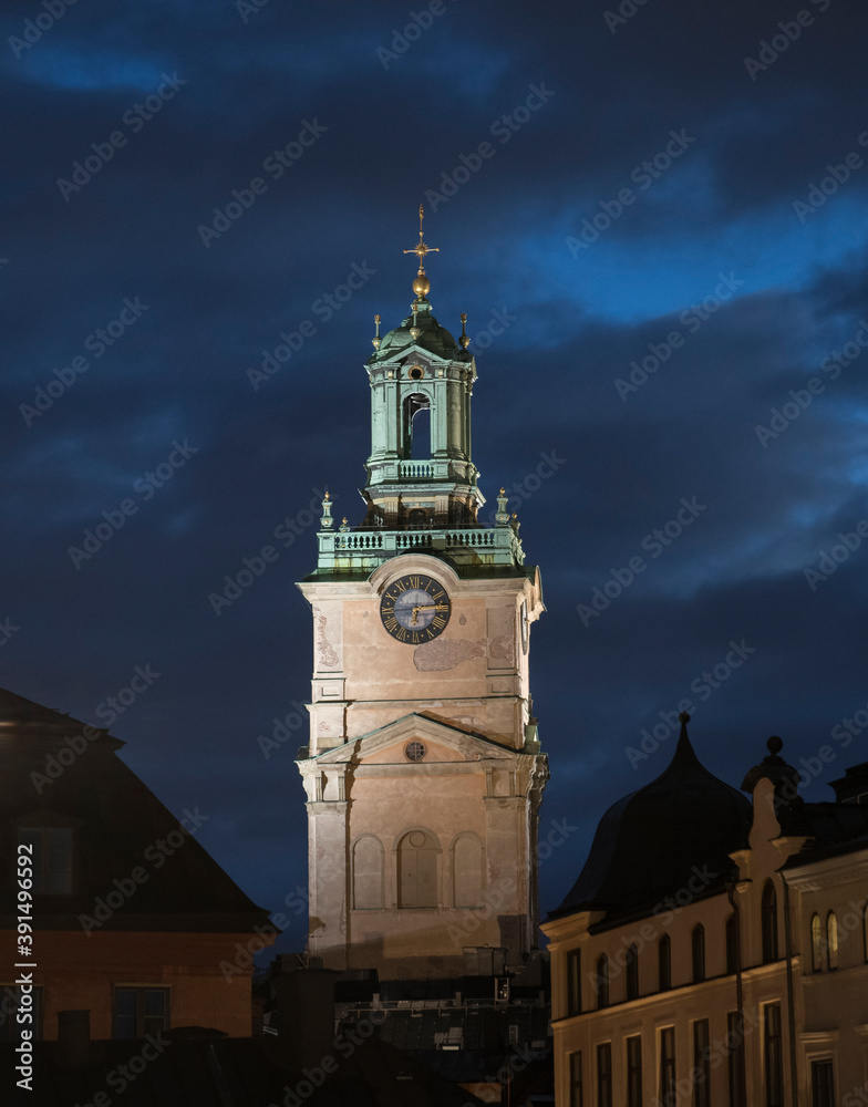 Night view at sunrise of the church Storkyrkan in the old town Gamla Stan in Stockholm