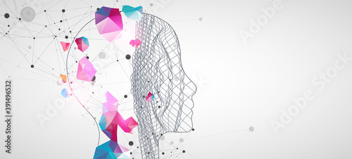 Outline of a human head with an abstract wave. Plexus effect.