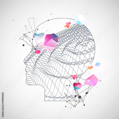 Outline of a human head with an abstract wave. Plexus effect.