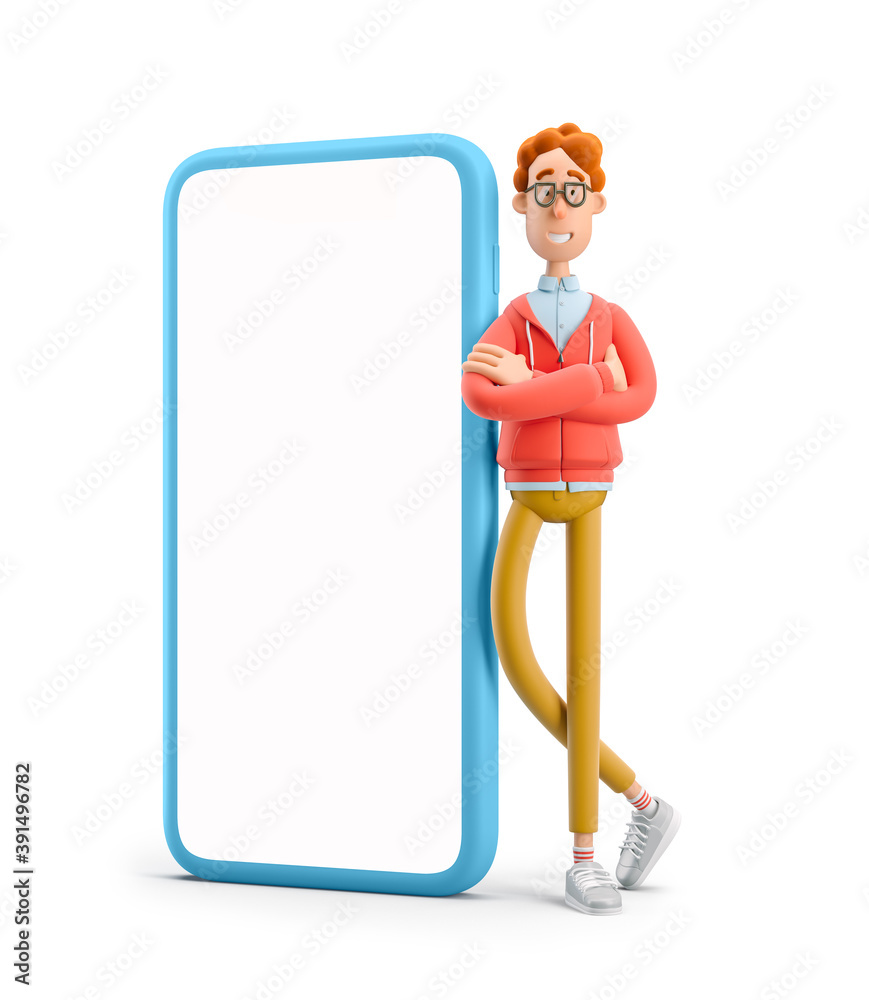 3d illustration. Nerd Larry standing next to a large phone 3d illustration. Nerd Larry standing next to a large phone
