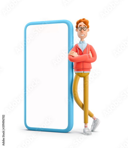 3d illustration. Nerd Larry standing next to a large phone ilustración de  Stock | Adobe Stock