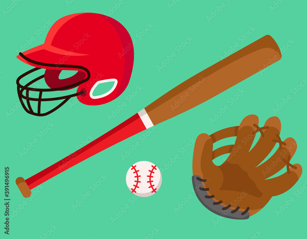 Set of baseball accessories. Sport equipment in cartoon style.