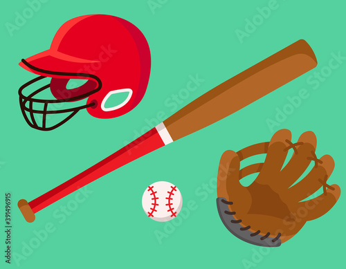 Set of baseball accessories. Sport equipment in cartoon style.