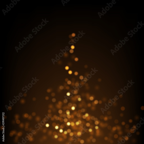 Vector golden glitter lights on black. Abstract luxury background with defocused glitters.  Festive backdrop with glowing particles.