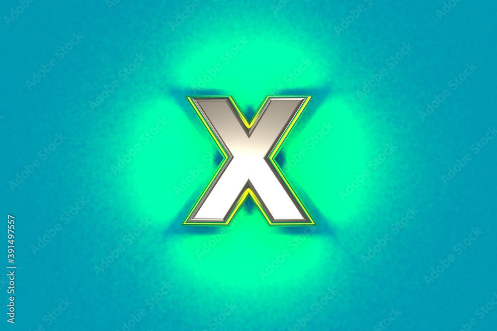 Obraz premium Silver metallic alphabet with yellow outline and green noisy backlight - letter X isolated on teal background, 3D illustration of symbols