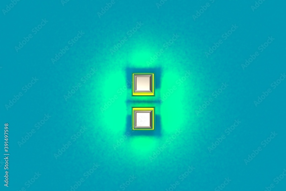 Silver metallic font with yellow outline and green noisy backlight - colon isolated on blue, 3D illustration of symbols