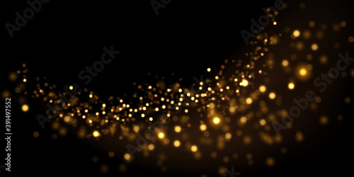 Vector golden glitter lights on black. Abstract luxury background with defocused glitters. Festive backdrop with glowing particles.