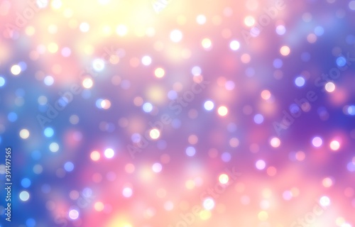 Xmas brilliance bokeh pattern on sparkling blurred background. Pink blue yellow colors.