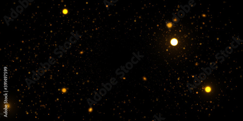 Vector golden glitter lights on black. Abstract luxury background with defocused glitters.  Festive backdrop with glowing particles.