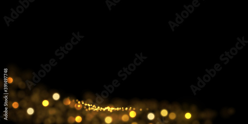 Vector golden glitter lights on black. Abstract luxury background with defocused glitters.  Festive backdrop with glowing particles.
