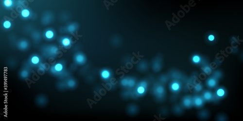 Vector abstract background with blue bokeh on dark. Glowing magial lights, sparkling glittering effect.	