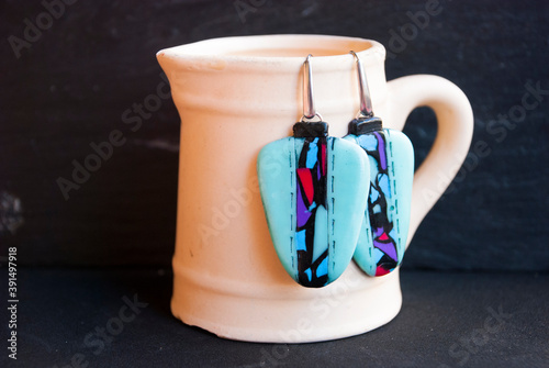 Colorful boho style big mint earrings.Handmade jewlry design. photo