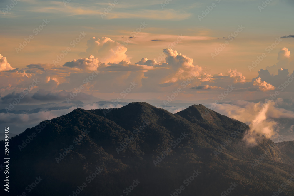 Fog over the Doi Inthanon mountain, Chiang Mai Thailand. The highest peak of Thailand