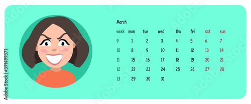 Female user profile. Calendar for the month of march 2021. A character for a screen saver with emotions. Vector illustration.