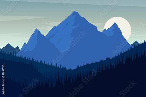 Illustration of landscape with mountains in flat style. Design element for poster, card, banner, flyer. Vector illustration. Vector illustration