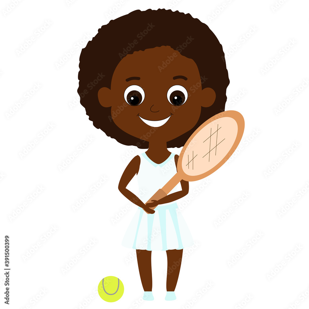 Φωτογραφία African or African American girl in white tennis clothes stands with a tennis racket