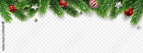 Border with green fir branches, stars, balls isolated on transparent background. 