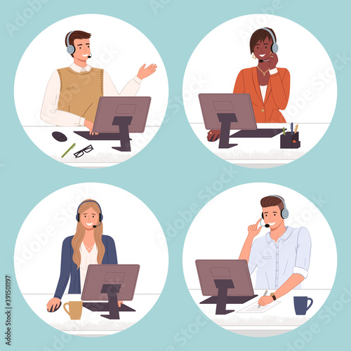 Managers in call center hotline. Online support worker, telephone service operator. Dispatcher, workplace of customer support manager at computer desk. Remote service specialist with headphone