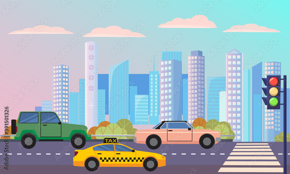 Cityscape with street with zebra vector, transportation cars on roads. Traffic lights on highway with automobile, skyscrapers and buildings lorry taxi illustration in flat style design for web, print
