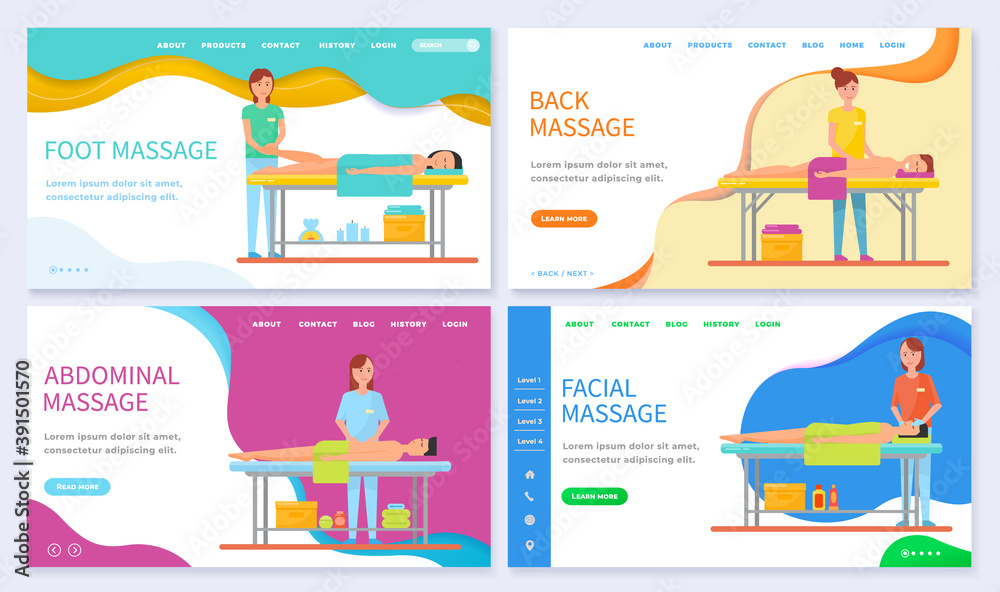 Collection of massages types and techniques. Abdominal and foot techniques applied by masseuse. Spa salon and body treatment for clients. Website or webpage template, landing page vector in flat style