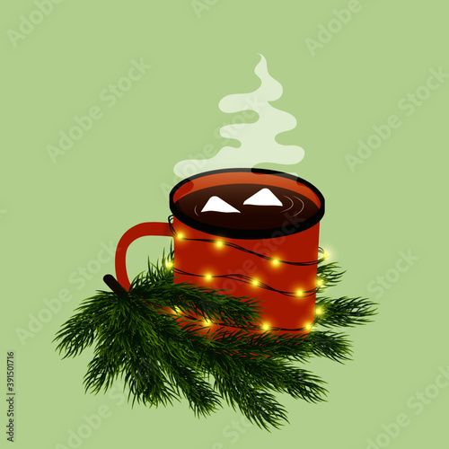 Fir branches. Mug of hot chocolate with marshmallows. A steaming drink. Garland around the mug. Christmas is coming. Holiday decoration.
