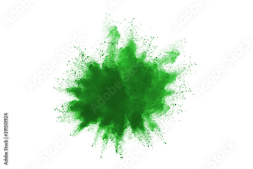 Abstract green powder on white background. holi festival.