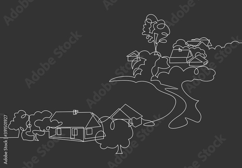 Rural landscape drawn in one line. Country house. continuous one line drawing vector illustration