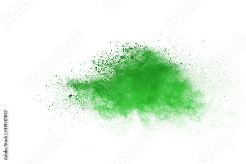 Abstract green powder on white background. holi festival.
