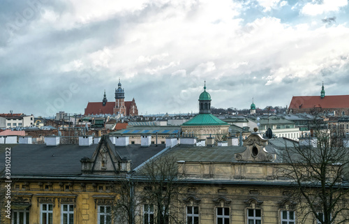 Winter city skyline of Krakow, Poland