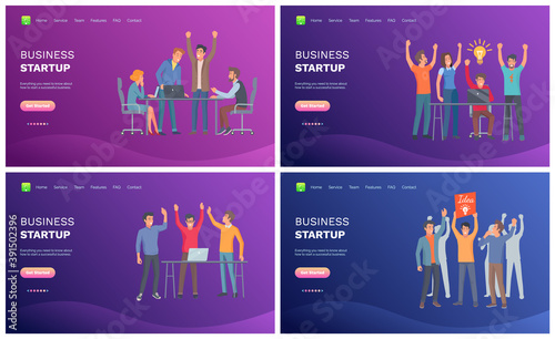 Business startup vector, man having idea and solution for project success, teamwork people working in team and facing challenges, celebration. Website or webpage template, landing page flat style
