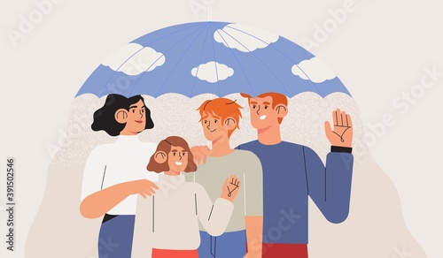 Medical insurance template with happy family stand together under umbrella. Healthcare, safety, life protection, health insurance plan or coverage concept. Parents with children vector illustration.