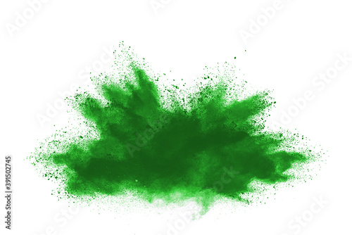 Abstract green powder on white background. holi festival.