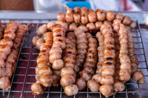 Isaan sausage grilled street food thailand.