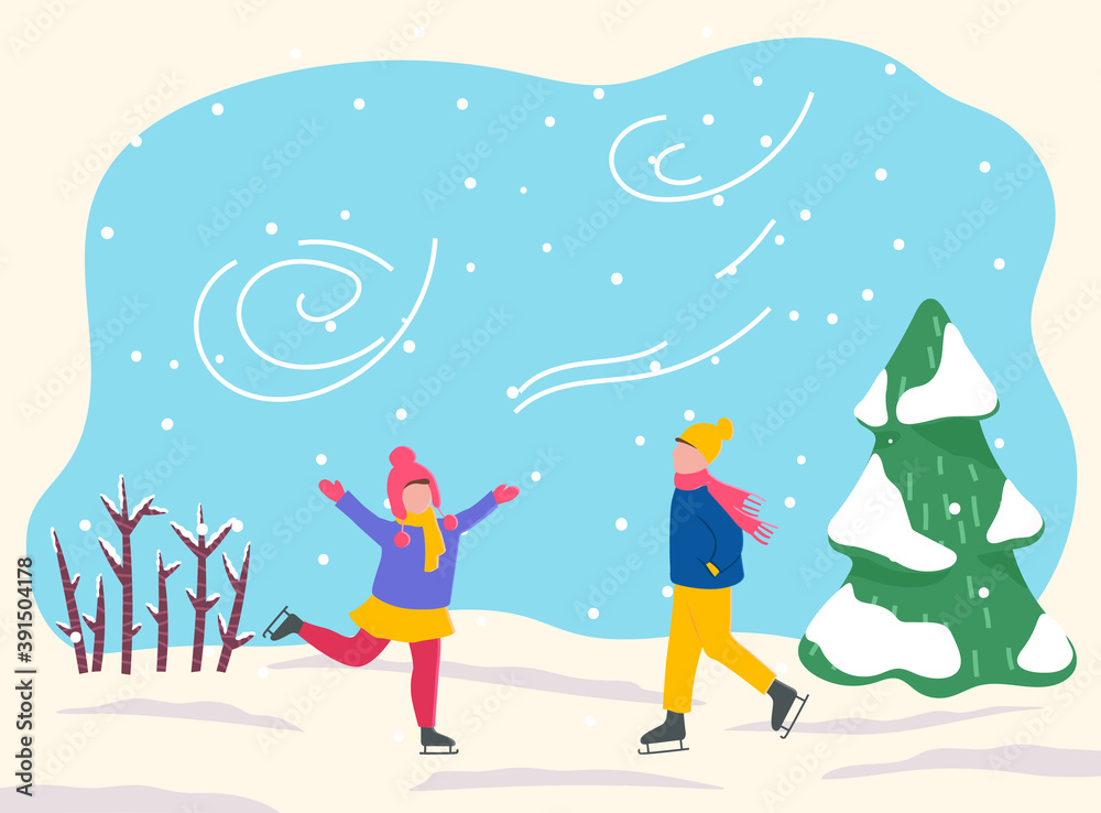 Boy and girl skate in park or forest. Two kids spend leisure time together, happy childhood. Outdoor activity, skating on winter holidays. Windy and snowy weather in wood. Vector illustration in flat
