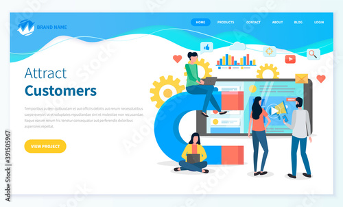 Attracting online customers webpage template. Big magnet and a team of people with laptop around. Customer retention strategy, digital inbound marketing, customer attraction banner landing page
