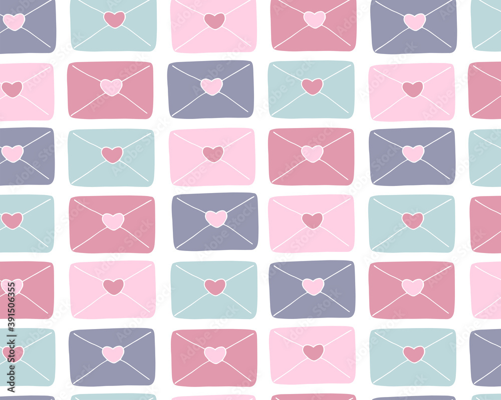 Background of envelopes with hearts. Delicate palette. Seamless pattern of letters for Valentine's day. Graphics. Doodle. Hand drawn Background of envelopes with hearts. Delicate palette. Seamless pattern of letters for Valentine's day. Graphics. Doodle. Hand drawn