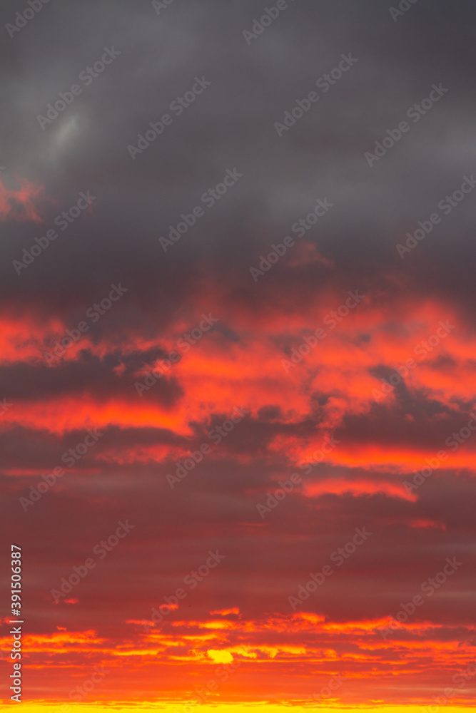 Wonderful November sunset with bright red-orange-pink clouds on a dark gray-blue sky