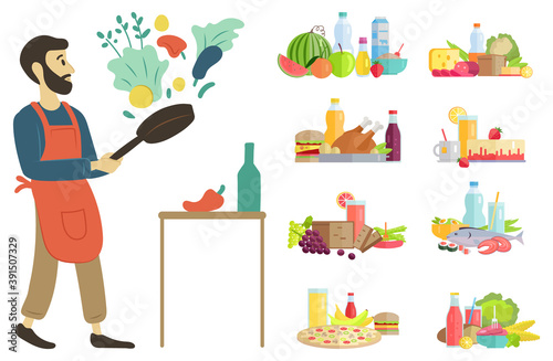 Man at home cooking dishes vector, hobby of person food and ingredients. Water and watermelon, juice and meal, parsley and paprika, vegetables fruits