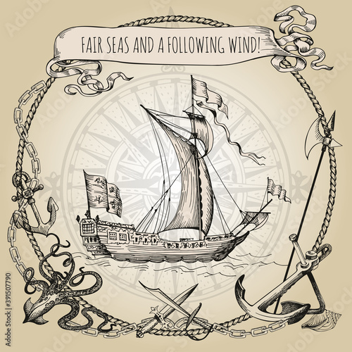 Adventure stories. Pirate background. Vintage border frame. Old caravel, vintage sailboat. Octopus, daggers, anchor, anchor chains