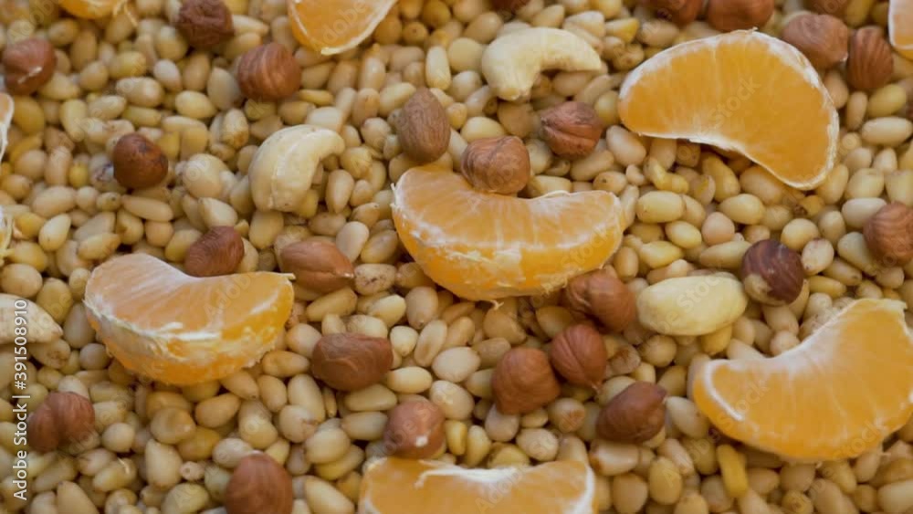Healthy Pine Nuts Cashew Hazelnuts and Fresh Juicy Slices of Citrus Fruit Tangerines Rotate, Top View. Background of Healthy Vegan Food. Vegetarian Vitamin Snack with Protein and Vitamin C. Healthy Pine Nuts Cashew Hazelnuts and Fresh Juicy Slices of Citrus Fruit Tangerines Rotate, Top View. Background of Healthy Vegan Food. Vegetarian Vitamin Snack with Protein and Vitamin C.