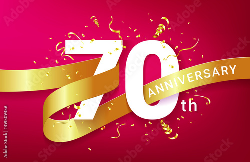 70th Anniversary celebration banner template. Big numbers with sparkles golden confetti and glitters ribbon. Festive event red background. Realistic 3d style. Vector illustration.