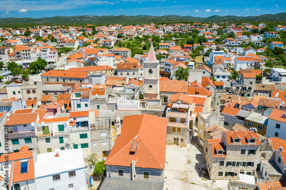 Aerial view of town of Pirovac, tourist destination in Dalmatia region in Croatia