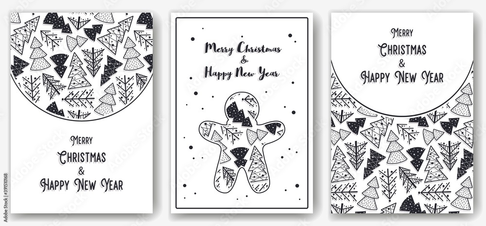 Monochrome christmas party invitation, banner, poster or postcard with forest silhouette for the new year holiday. Winter illustration of spruce tree for december design