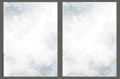 Light vector watercolor style texture for your design, covers and wedding invitations. Gray and golden marble and splash style. Editable transparent templates made with layers