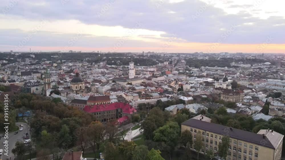 aerial view of the sunset above old european city aerial view of the sunset above old european city